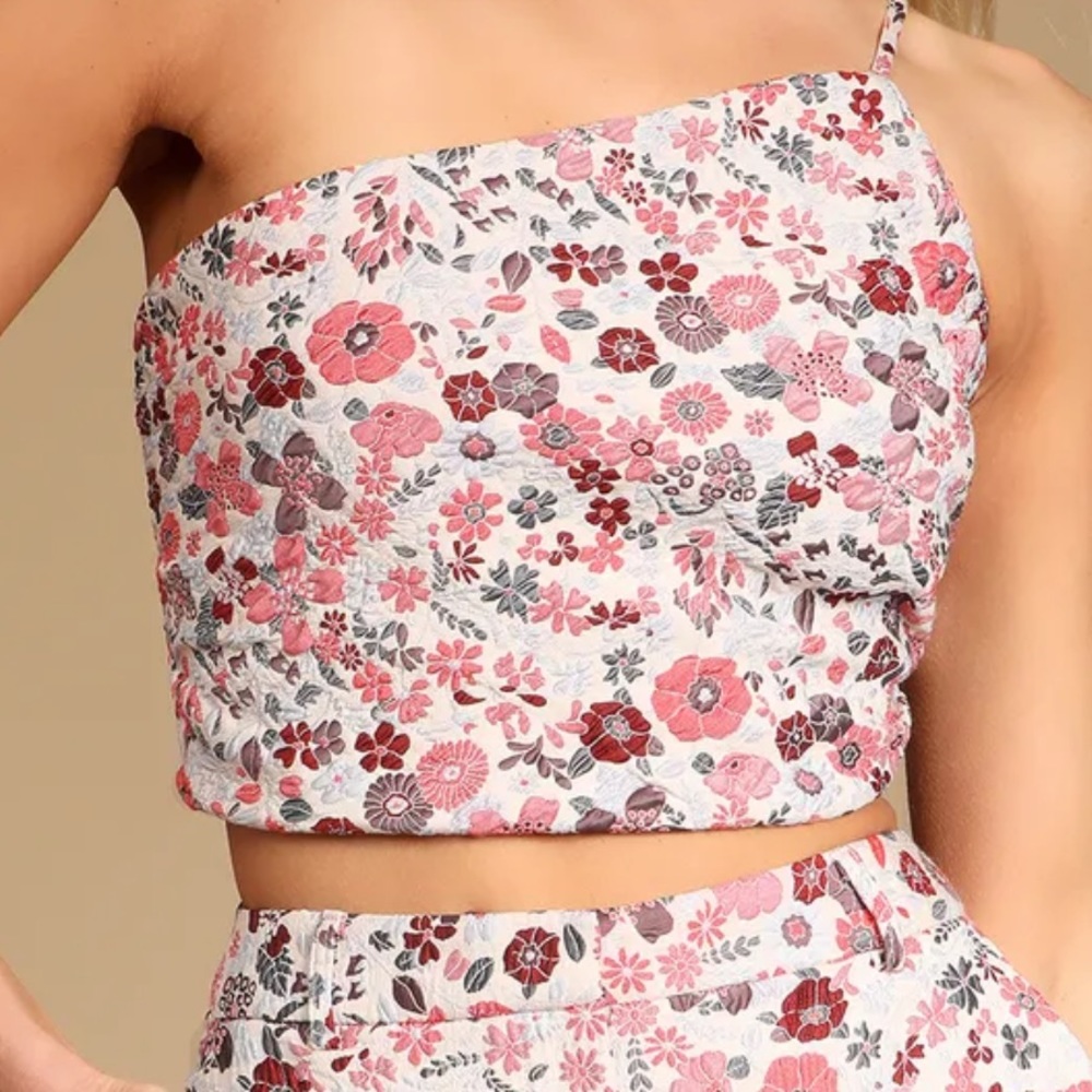 Lulus Bloom into Spring Blush Floral Jacquard One-Shoulder Crop Top